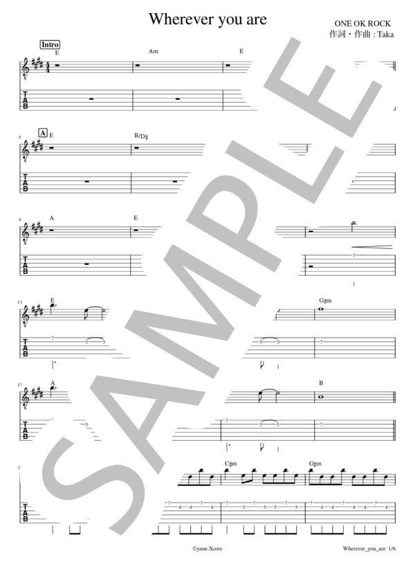 楽譜】Wherever you are ギタースコア タブ譜 / ONE OK ROCK (エレキ