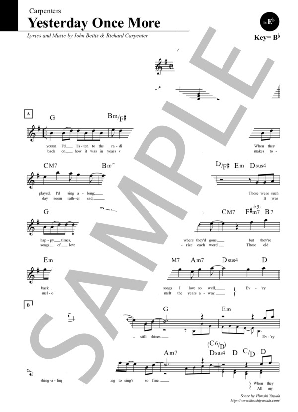 楽譜】イエスタデイ・ワンス・モア in E♭ / Yesterday Once More