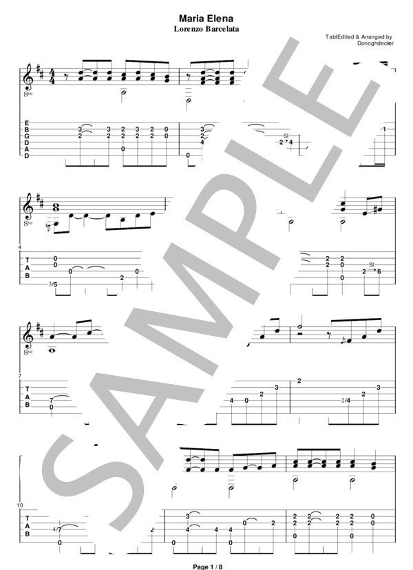 楽譜】Maria Elena ”マリア・エレナ” ソロギター タブ譜 / ロレンソ